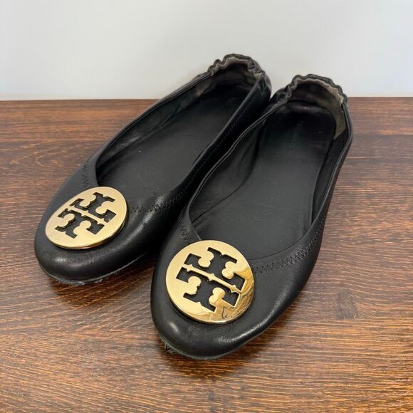 Tory Burch perfect black nappa leather Minnie Travel Ballet w/metal gold logo fl - Picture 1 of 12